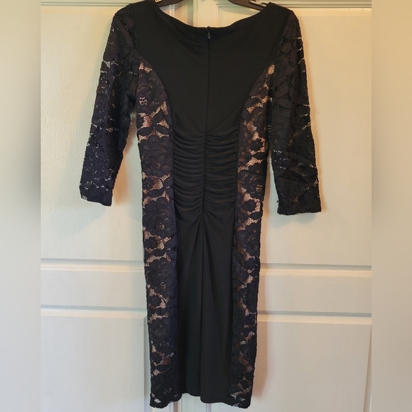 Vintage Joseph Ribkoff Black Ruched Lace Bodycon 3/4 Sleeve Dress - Picture 2 of 4
